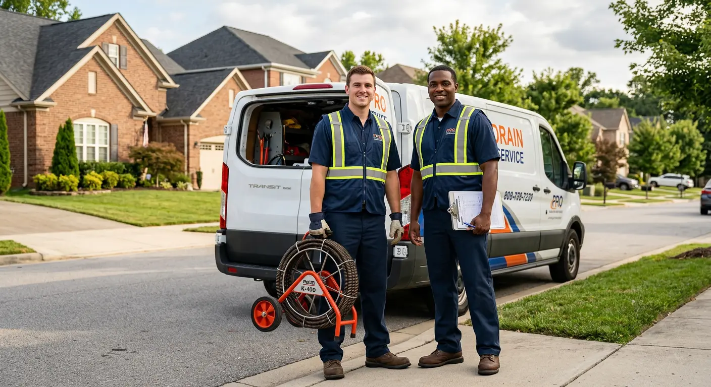 Sewer and drain service team with equipment ready for work in Fuquay