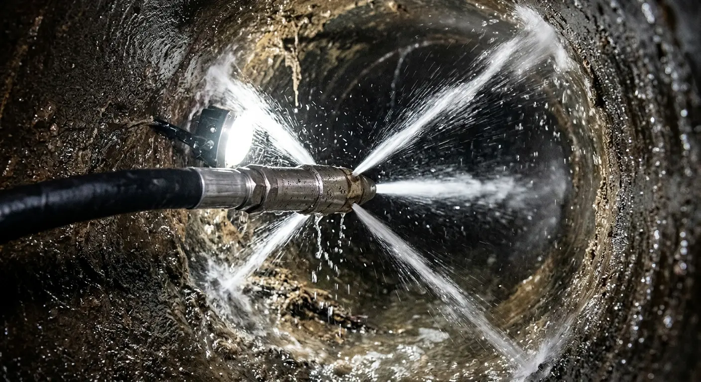 High-pressure hydro jetting nozzle cleaning sewer pipe for Storm Drain Cleaning in Fuquay
