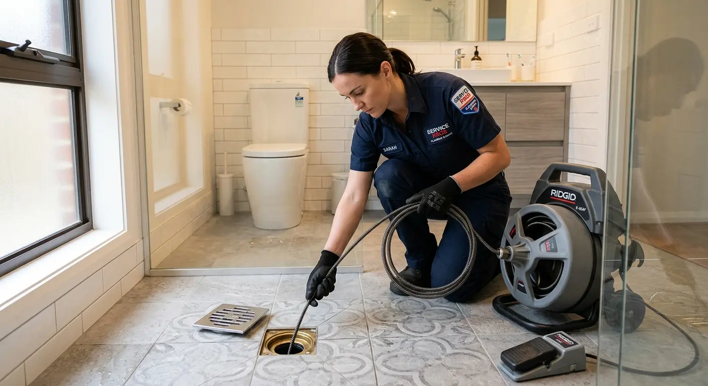 Technician clearing a bathroom floor drain for Clogged Drain Repair in Fuquay